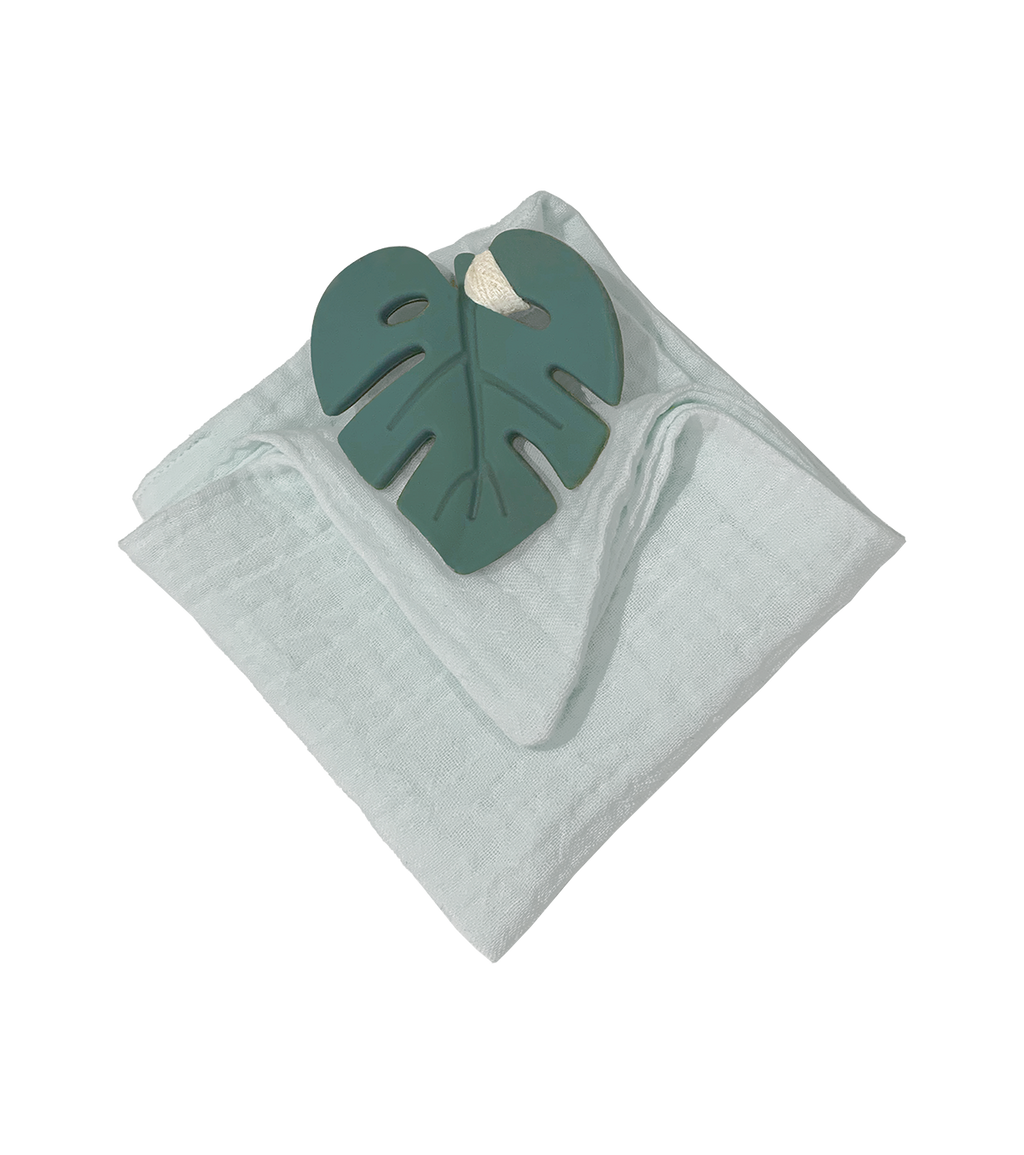 Anneau de dentition feuille verte et lange bleu gris