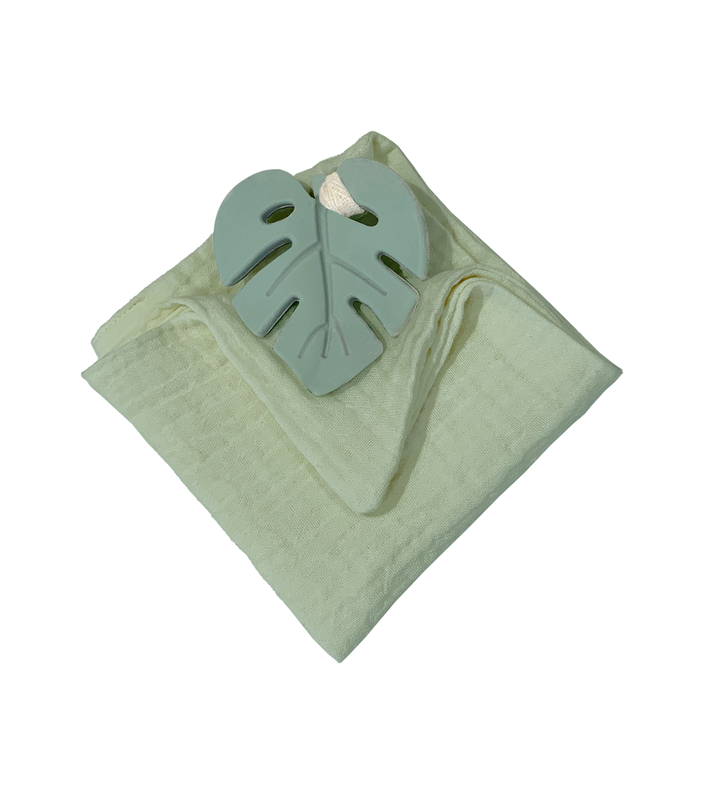 Anneau de dentition feuille aqua et lange vert