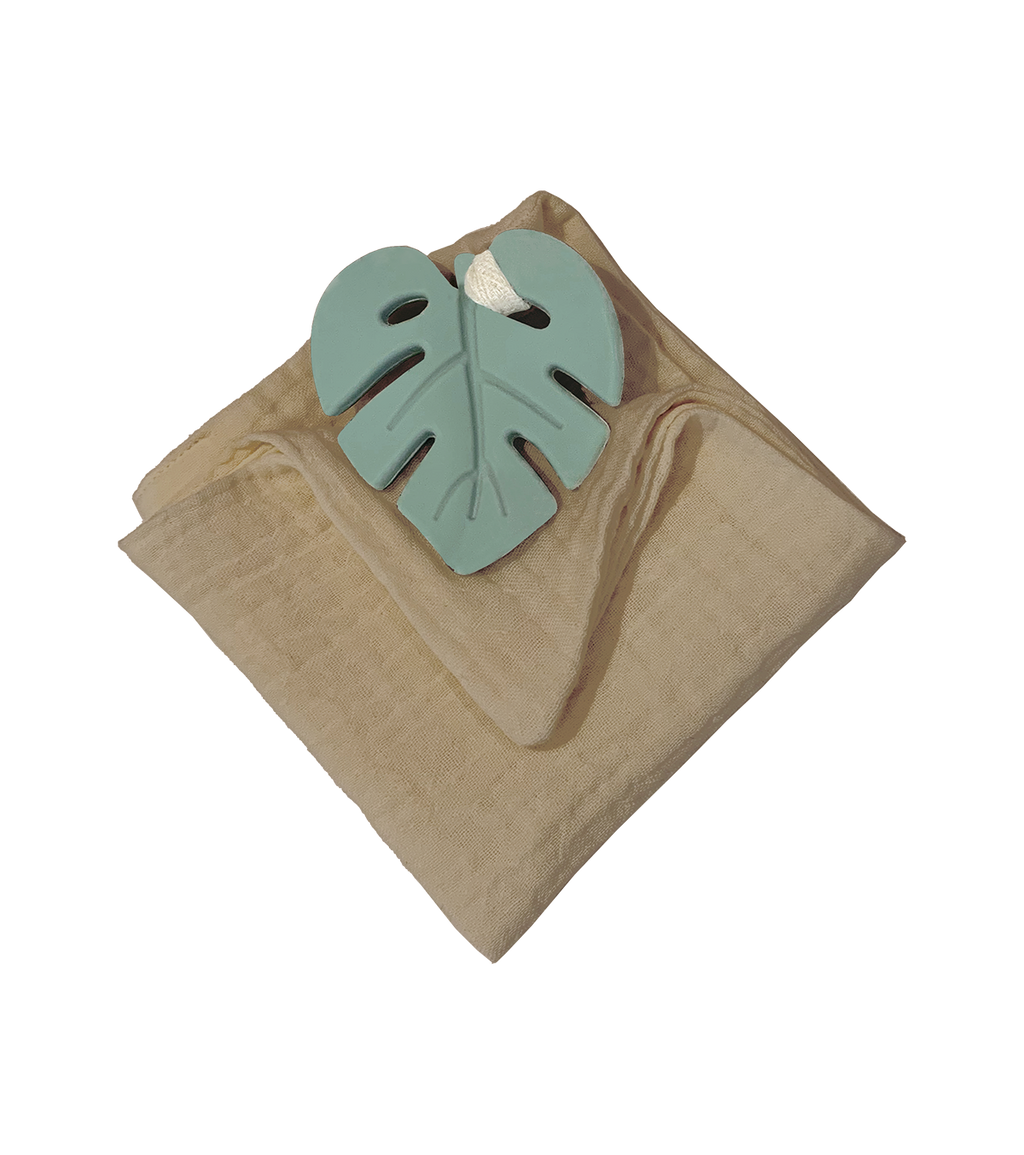 Anneau de dentition feuille aqua et lange taupe