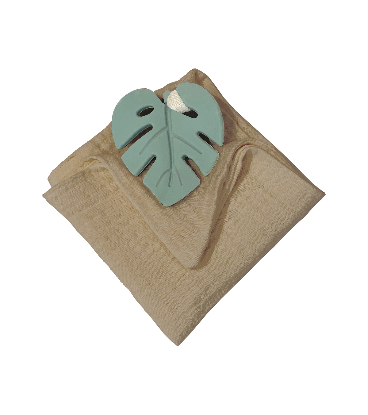 Anneau de dentition feuille aqua et lange taupe