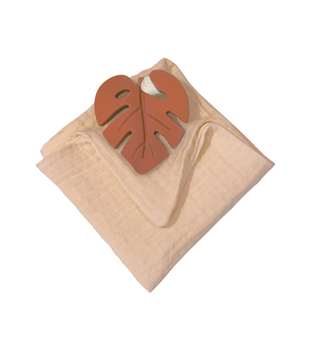 Anneau de dentition feuille terracotta et lange vieux rose