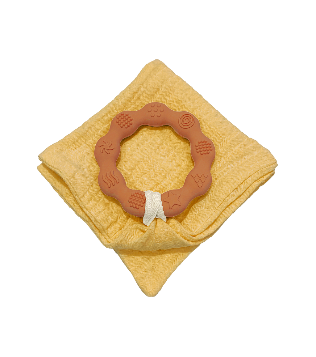 Anneau de dentition terracotta et lange moutarde