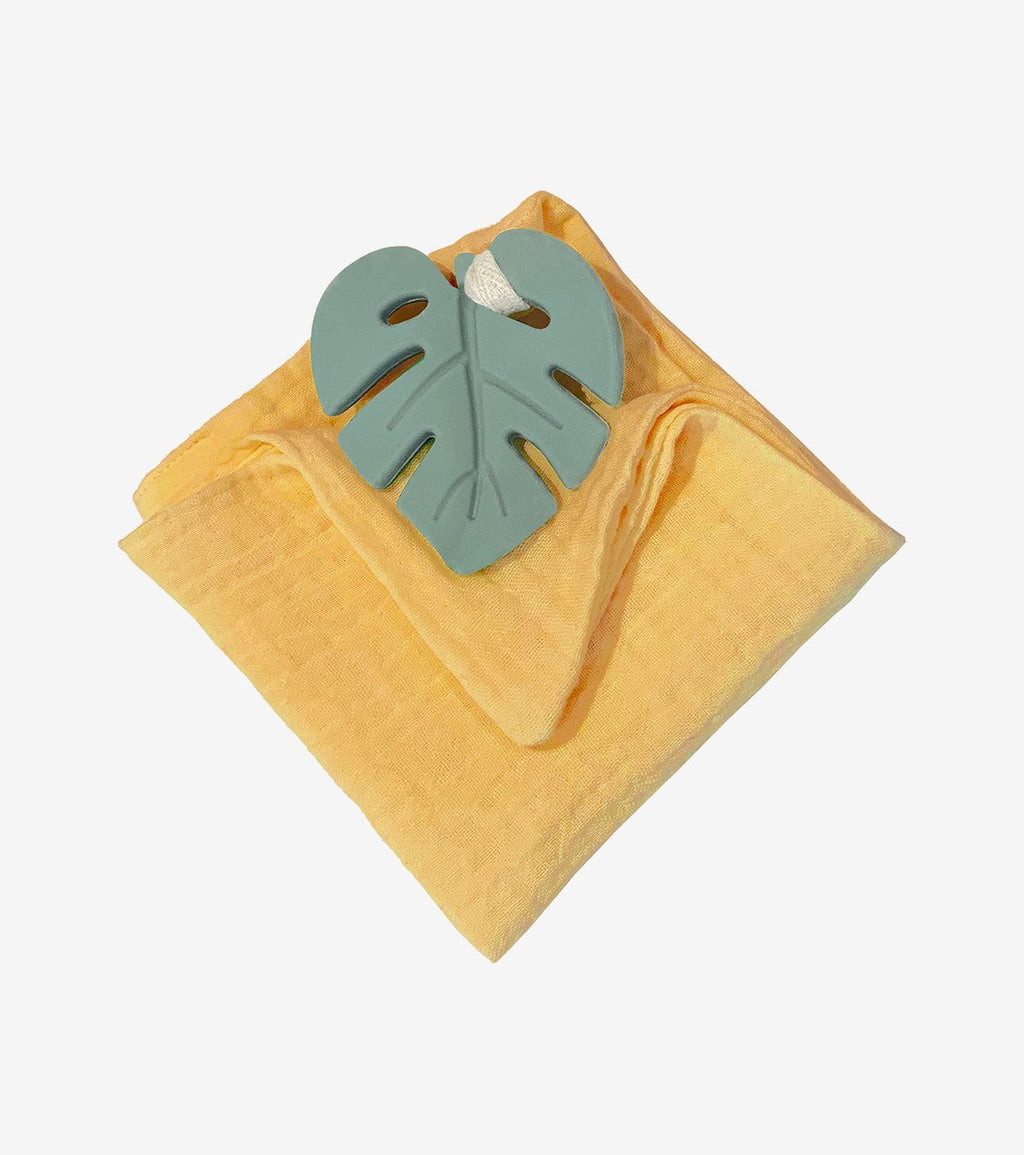 Anneau de dentition feuille aqua et son lange