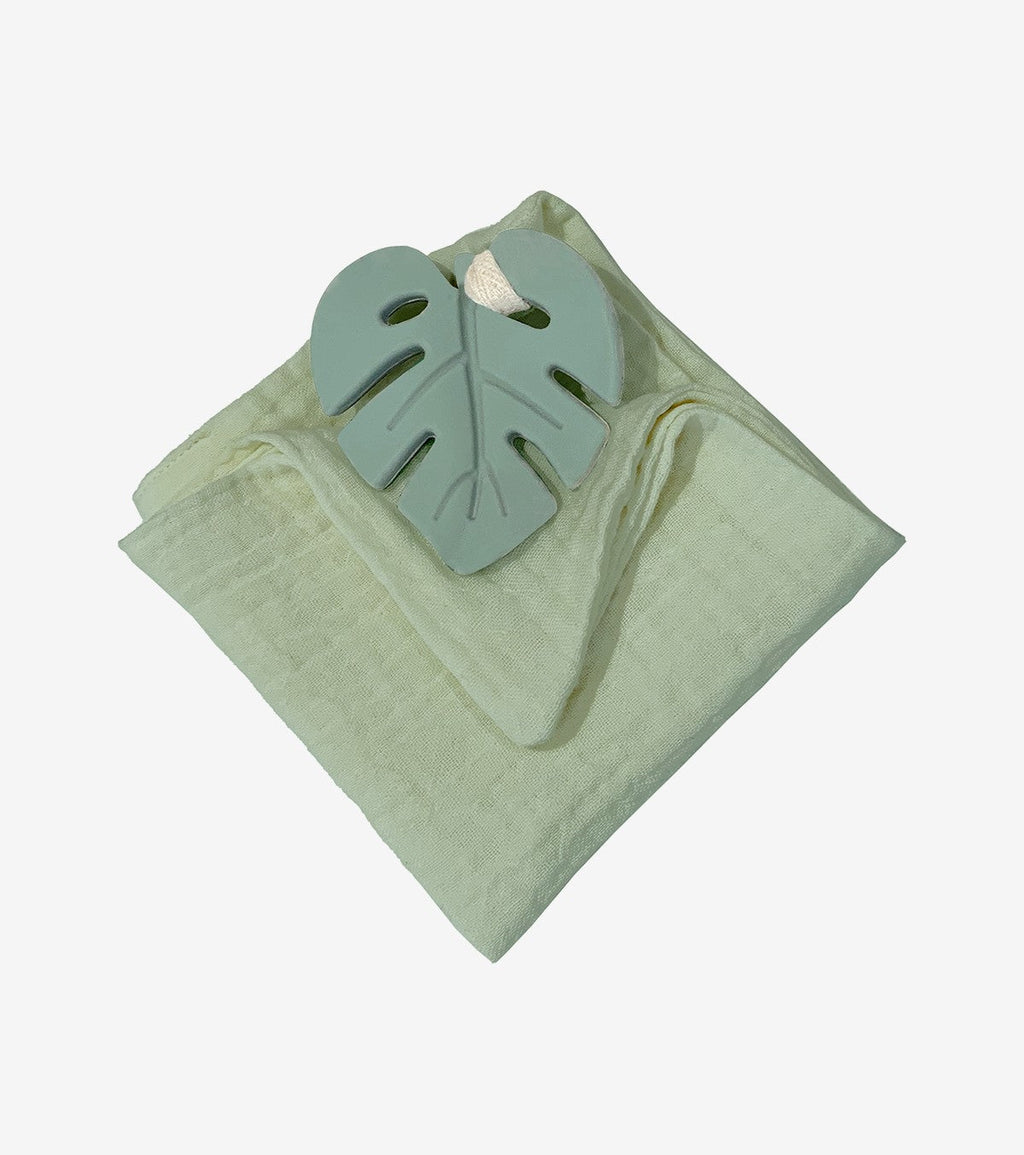 Anneau de dentition feuille aqua et son lange