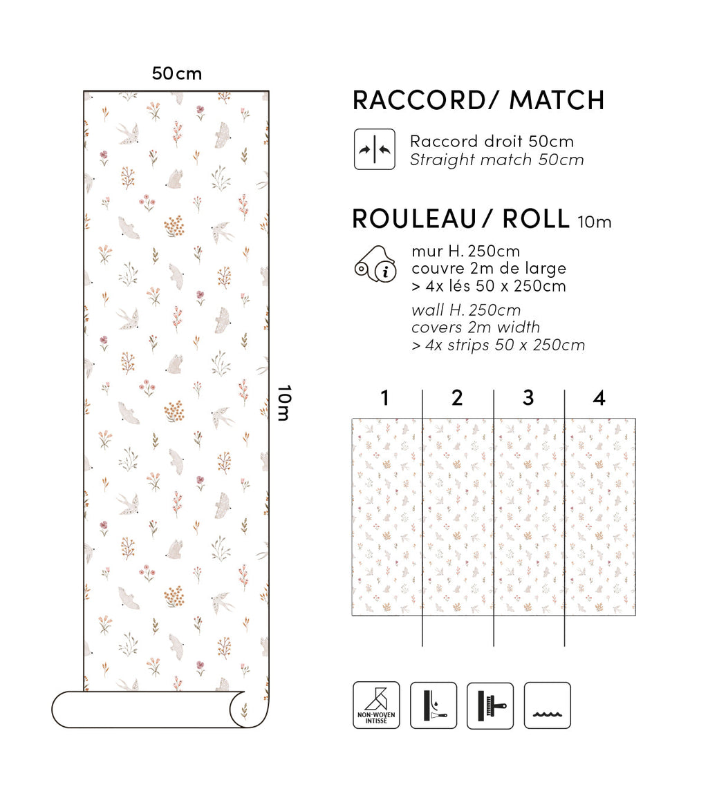 COCCINELLA - Papier peint enfant - Hirondelles et fleurs