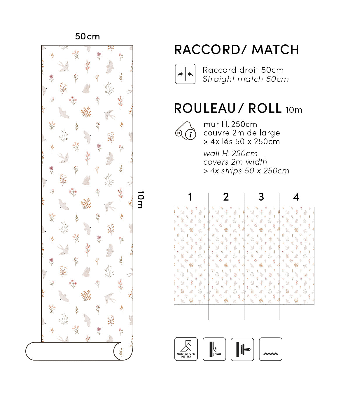 COCCINELLA - Papier peint enfant - Hirondelles et fleurs