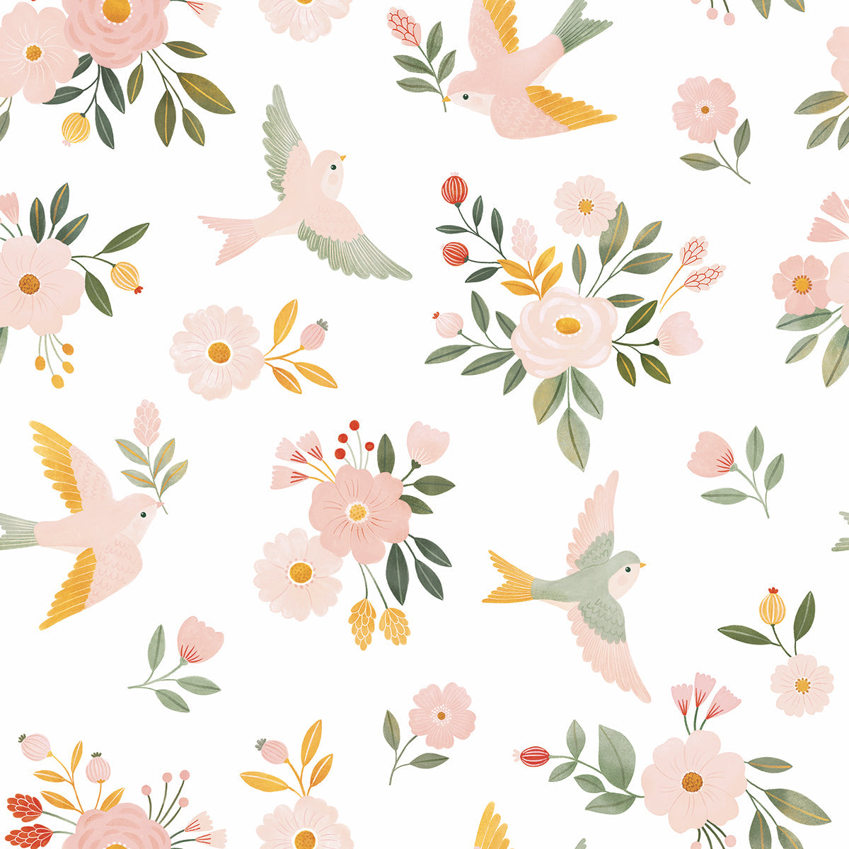 ALYSSE – Échantillon papier peint fleurs et oiseaux (fond blanc)