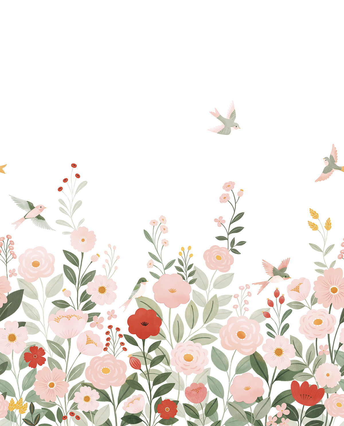 ALYSSE - Papier peint décor fleurs et oiseaux fond blanc