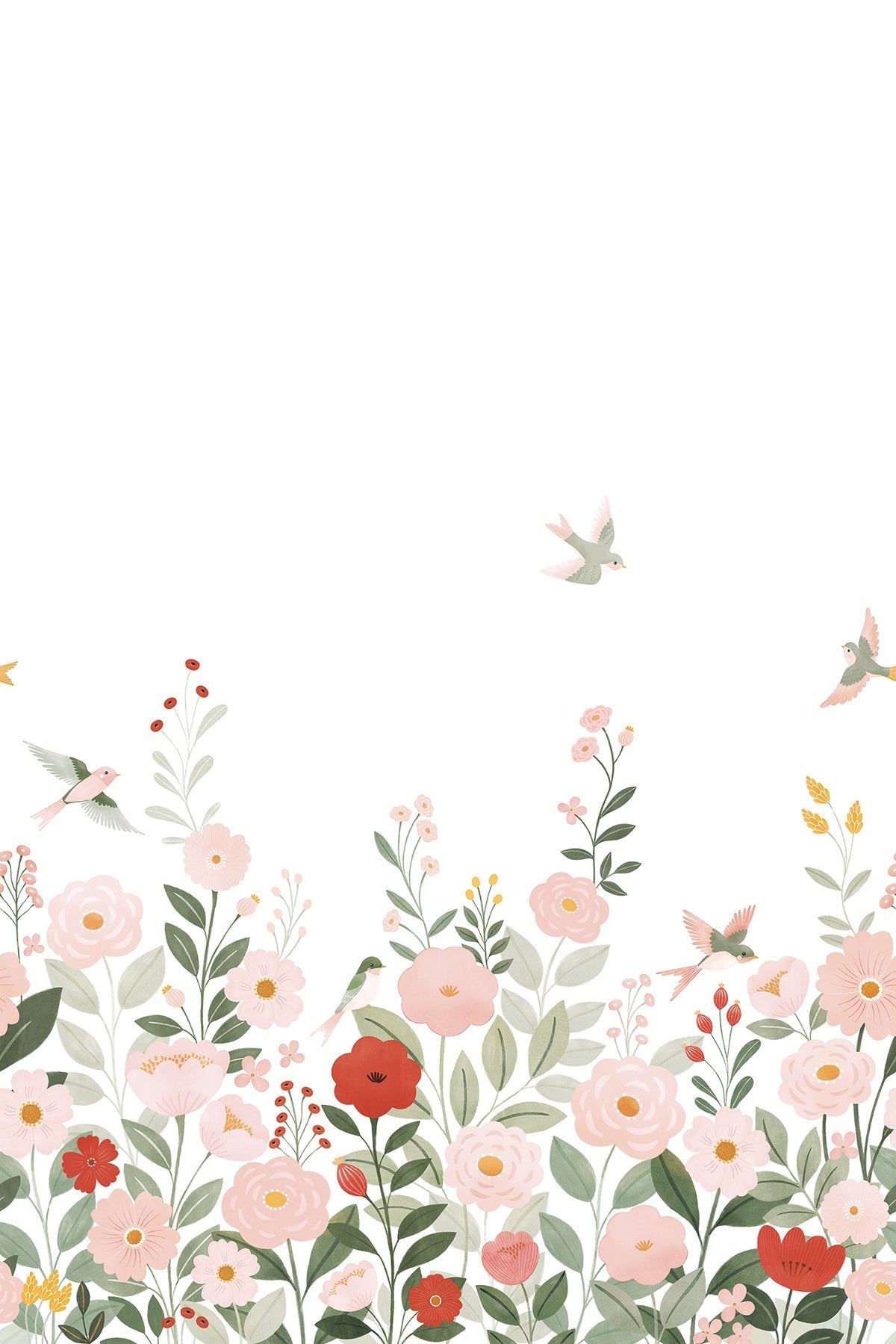 ALYSSE - Papier peint décor fleurs et oiseaux fond blanc