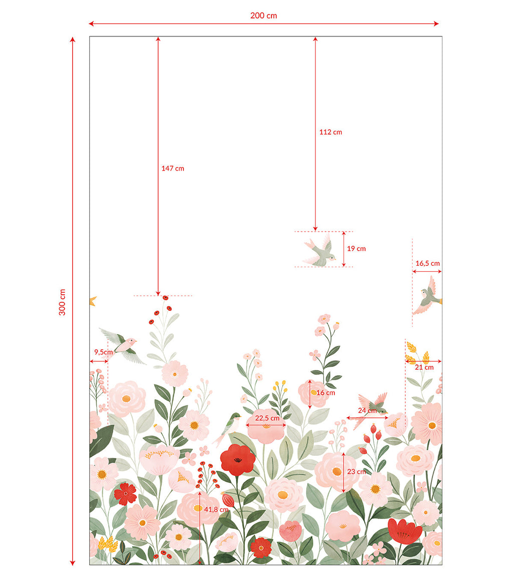 ALYSSE - Papier peint décor fleurs et oiseaux fond blanc