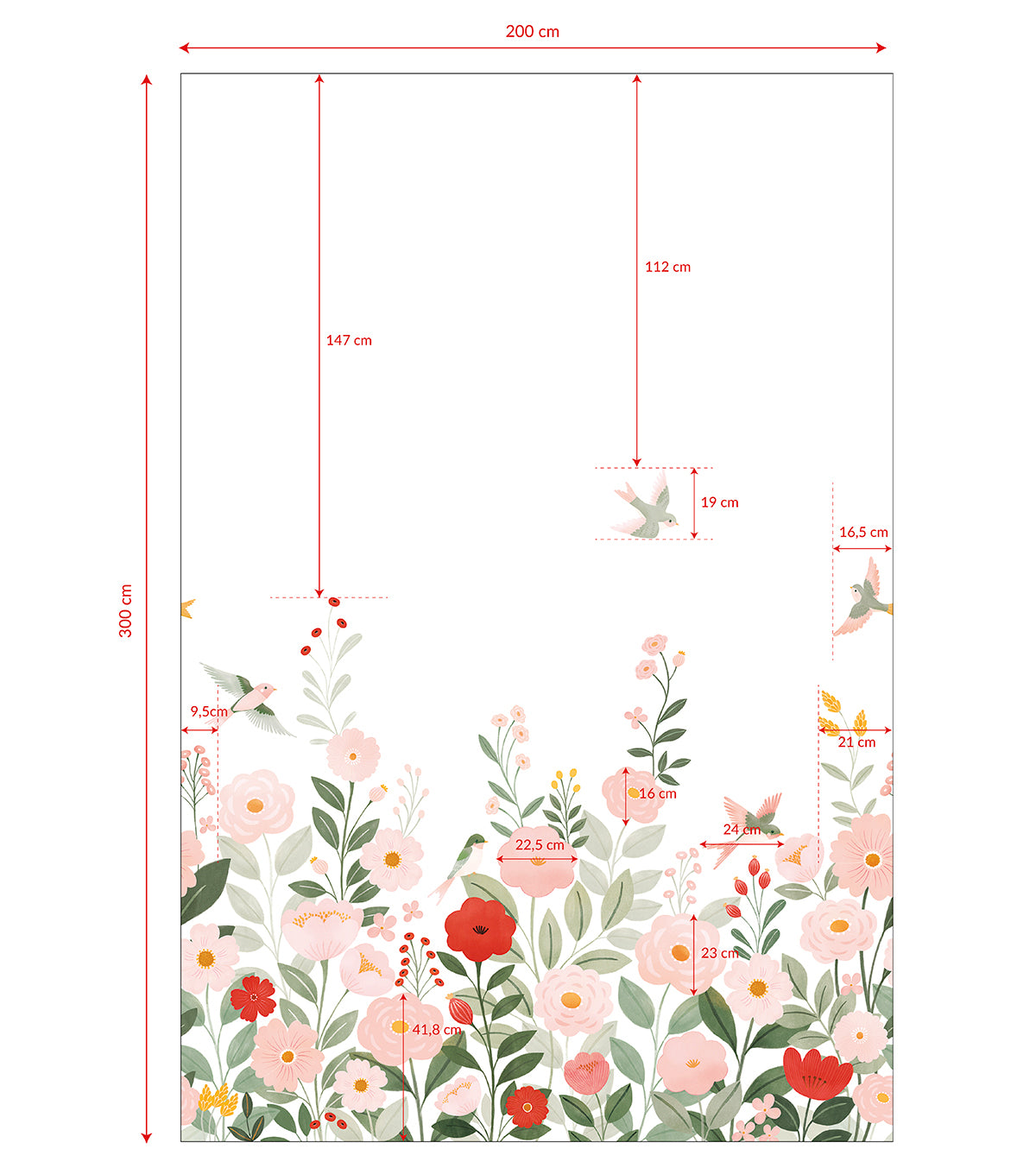 ALYSSE - Papier peint décor fleurs et oiseaux fond blanc