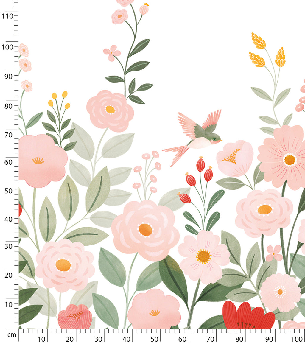 ALYSSE - Papier peint décor fleurs et oiseaux fond blanc