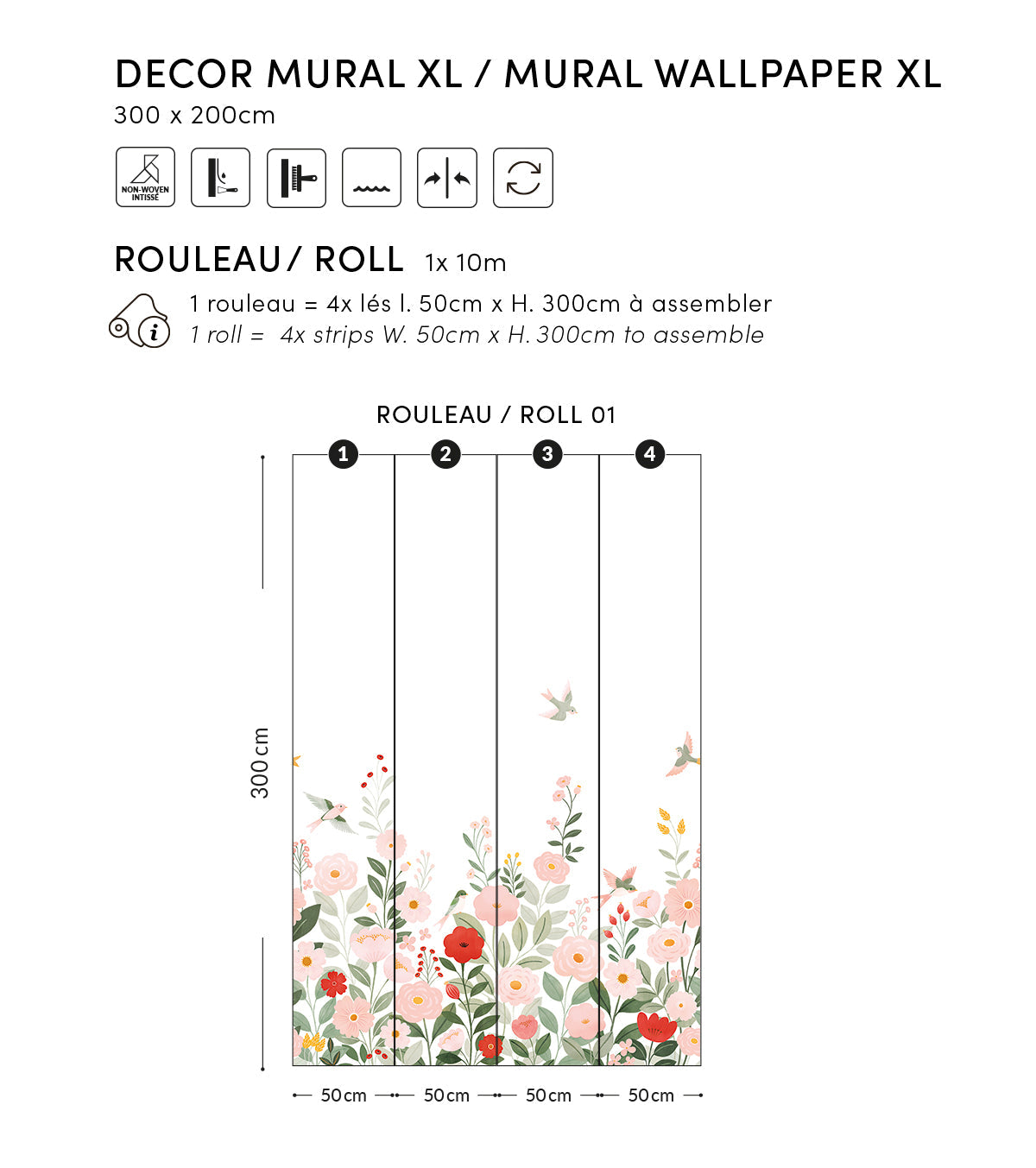 ALYSSE - Papier peint décor fleurs et oiseaux fond blanc