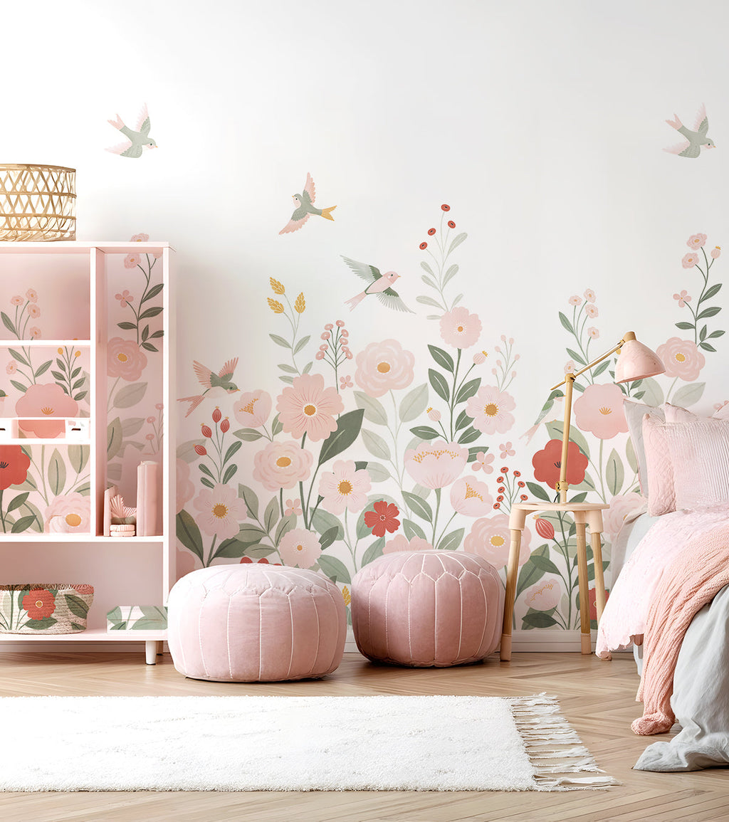 ALYSSE - Papier peint décor fleurs et oiseaux fond blanc