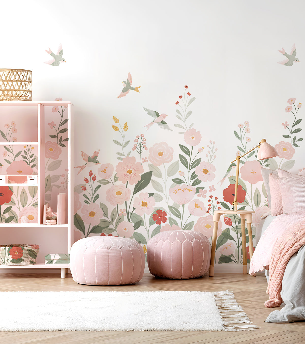 ALYSSE - Papier peint décor fleurs et oiseaux fond blanc