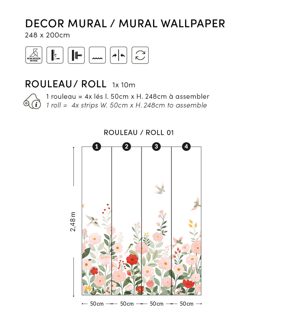 ALYSSE - Papier peint décor fleurs et oiseaux fond blanc