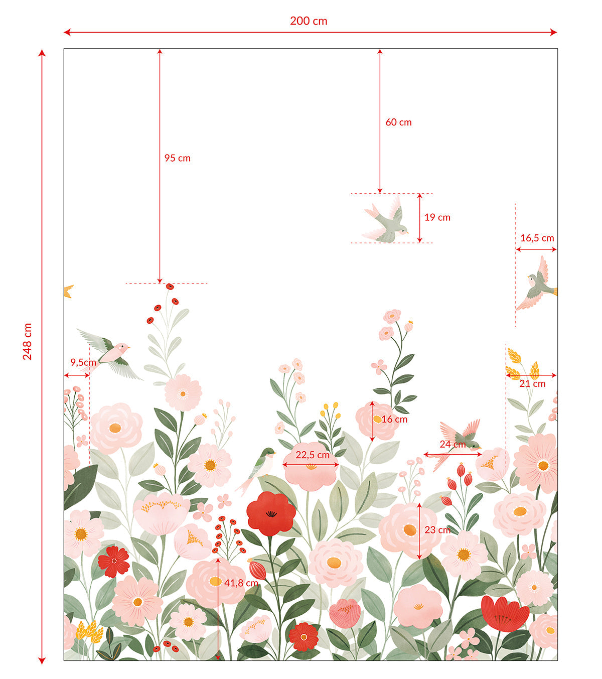 ALYSSE - Papier peint décor fleurs et oiseaux fond blanc