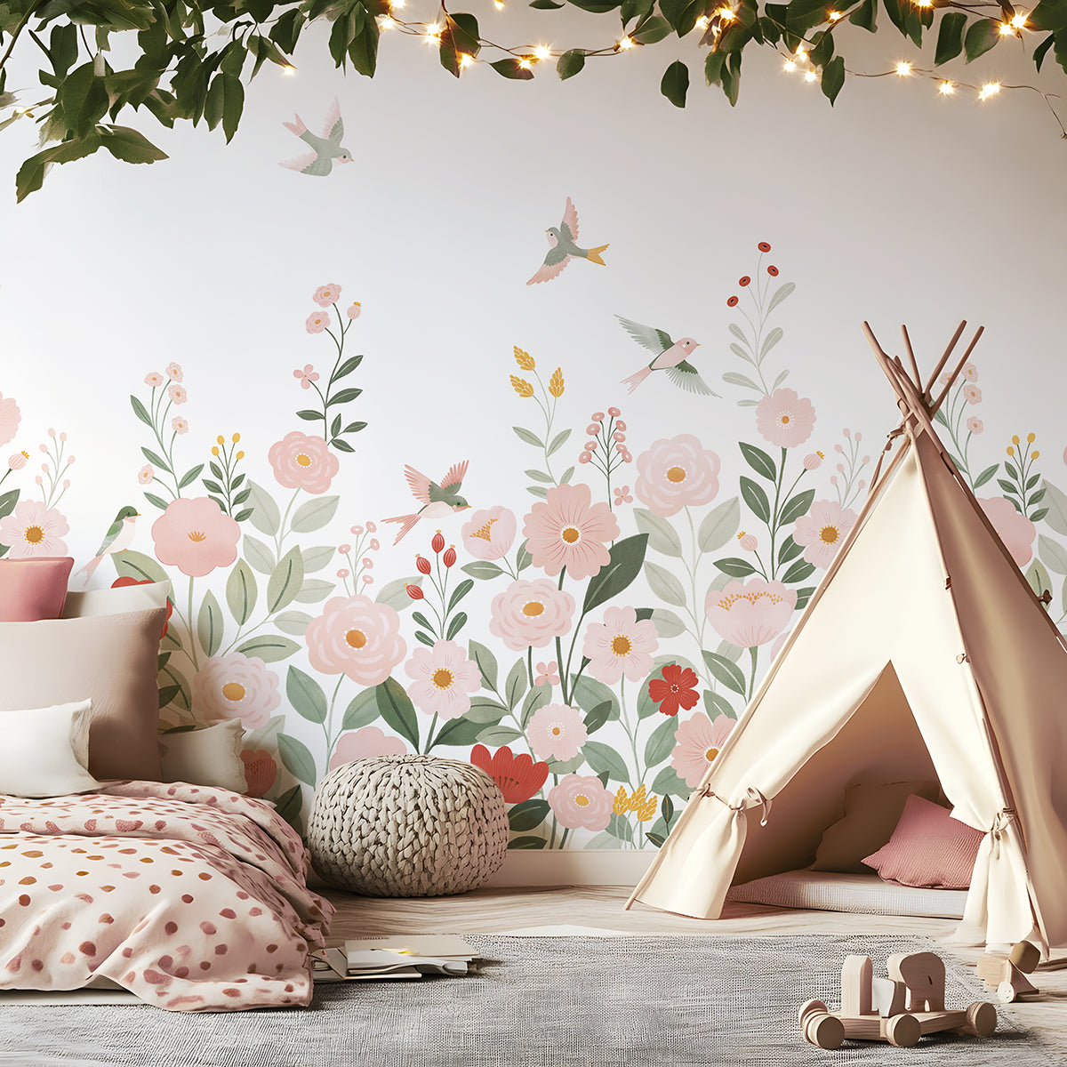 ALYSSE - Papier peint décor fleurs et oiseaux fond blanc