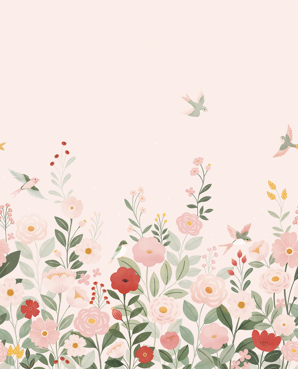 ALYSSE - Papier peint décor fleurs et oiseaux fond rose