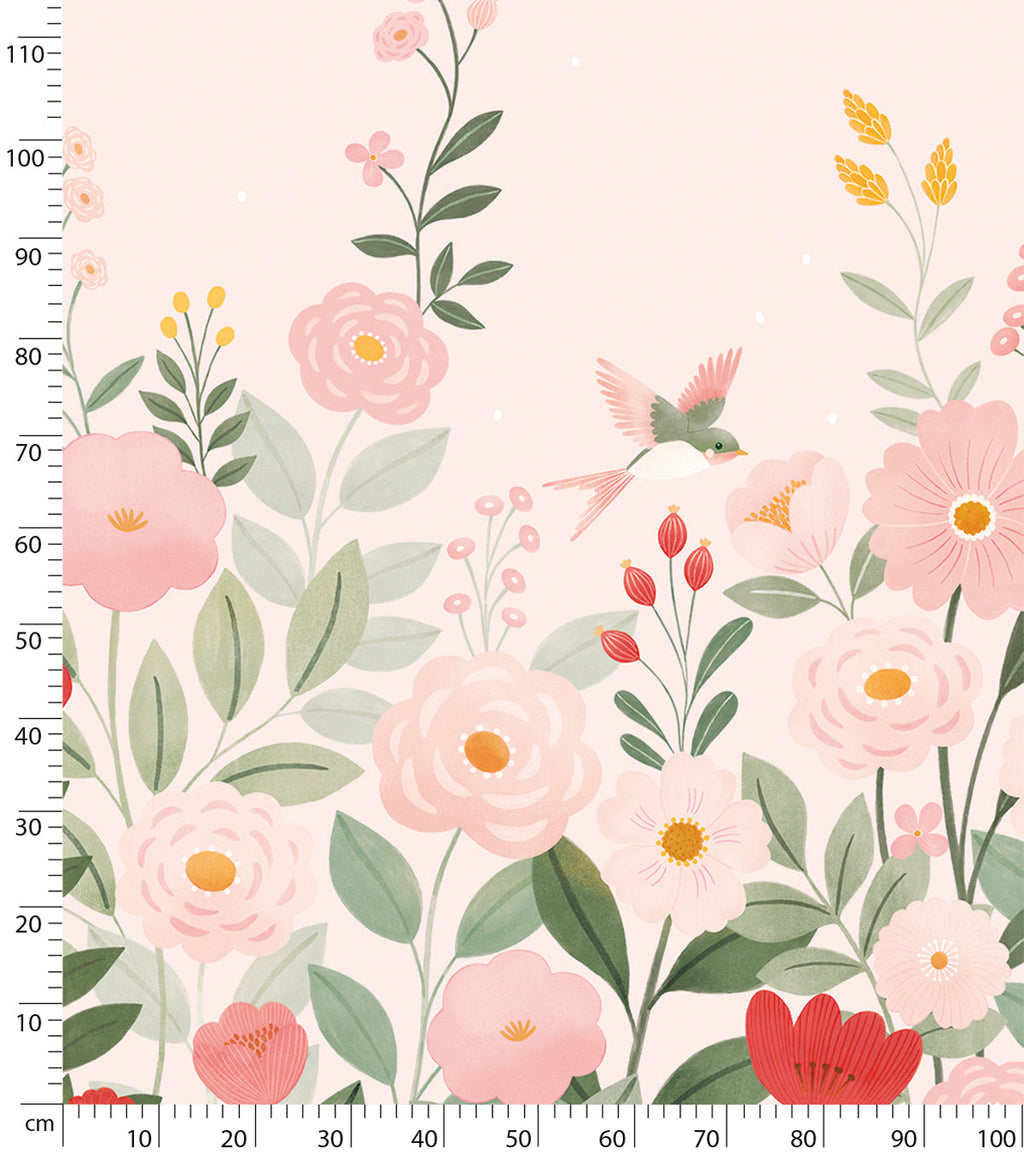 ALYSSE - Papier peint décor fleurs et oiseaux fond rose