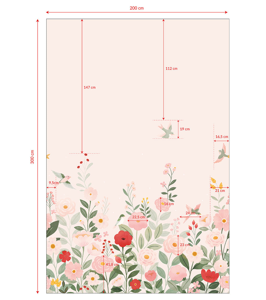 ALYSSE - Papier peint décor fleurs et oiseaux fond rose