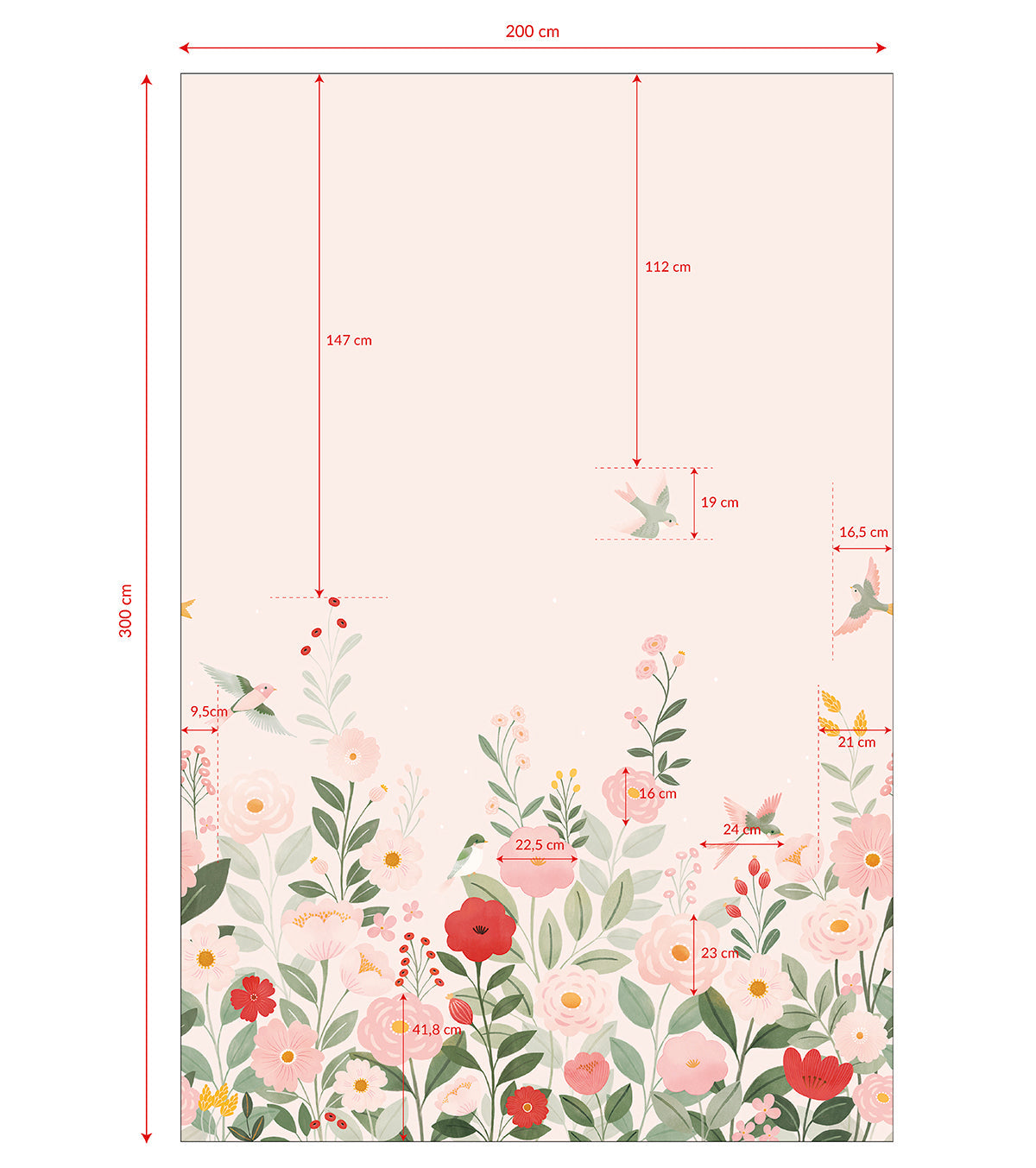 ALYSSE - Papier peint décor fleurs et oiseaux fond rose