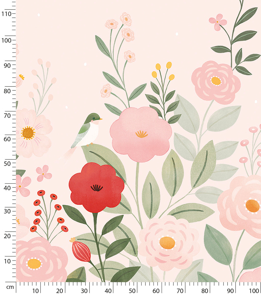 ALYSSE - Papier peint décor fleurs et oiseaux fond rose