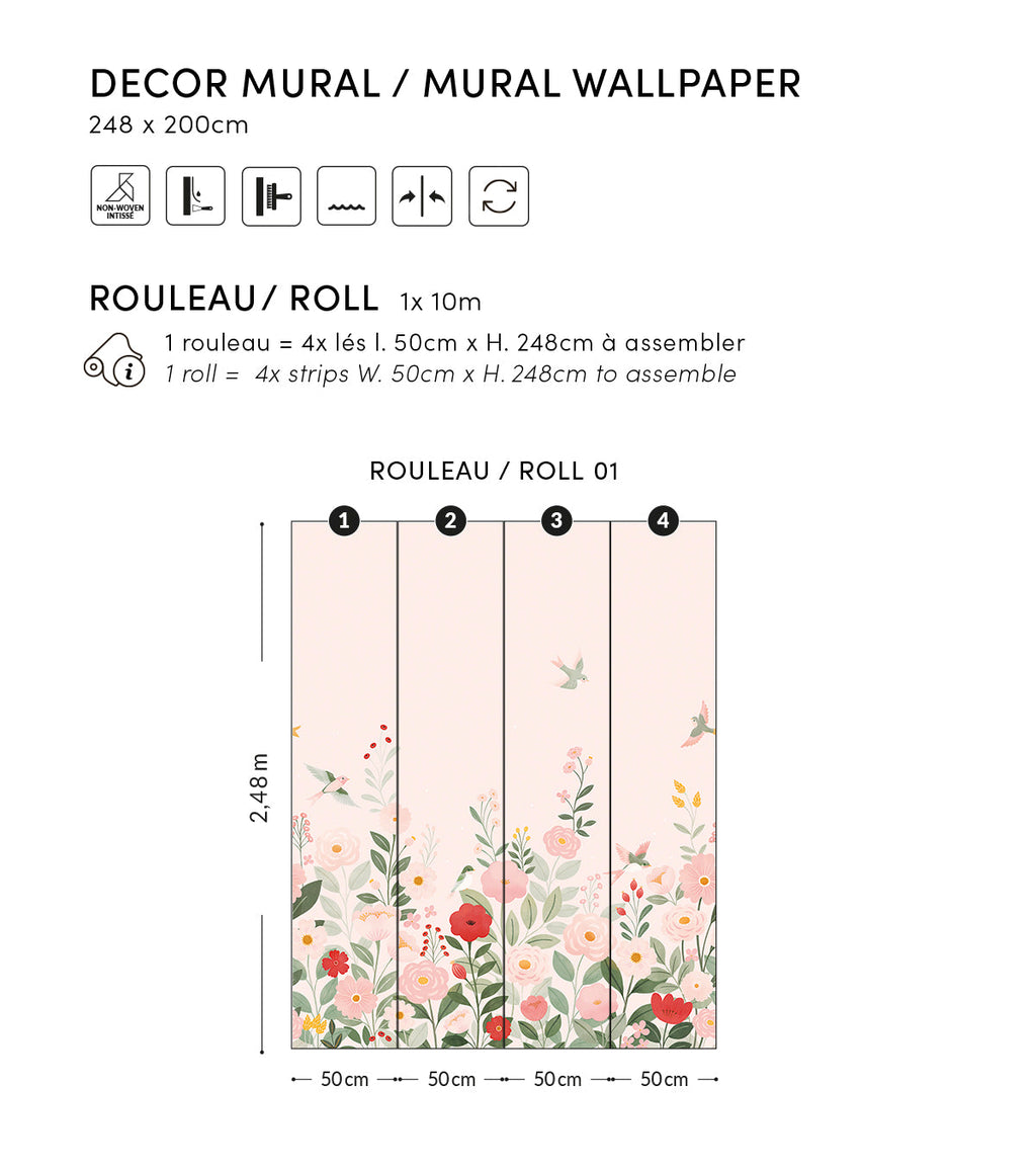 ALYSSE - Papier peint décor fleurs et oiseaux fond rose