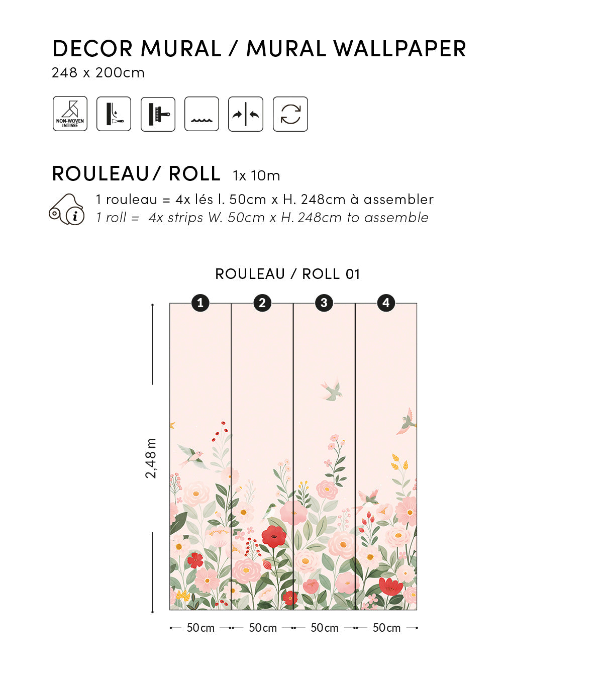 ALYSSE - Papier peint décor fleurs et oiseaux fond rose