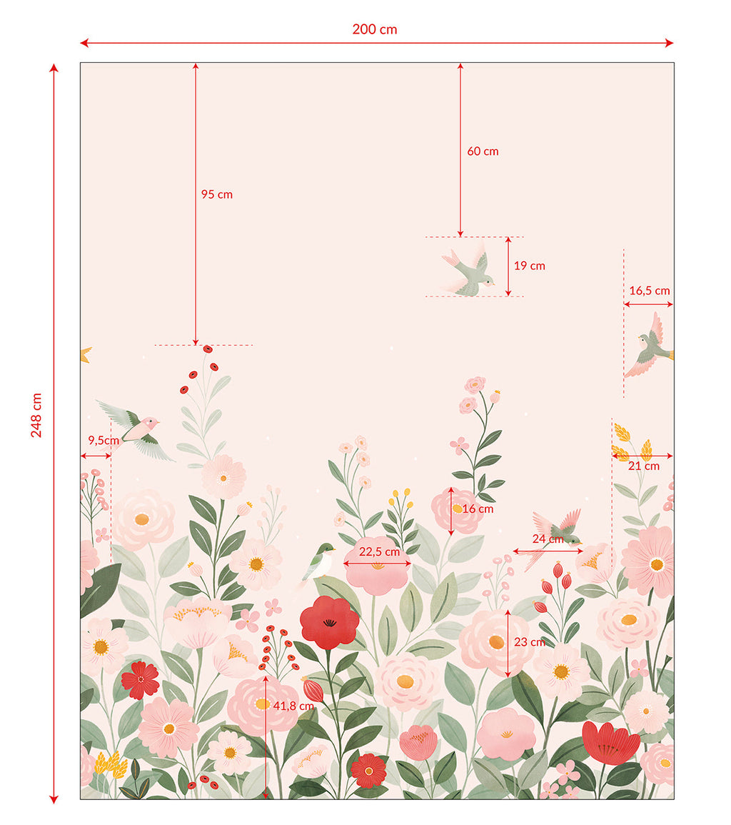 ALYSSE - Papier peint décor fleurs et oiseaux fond rose