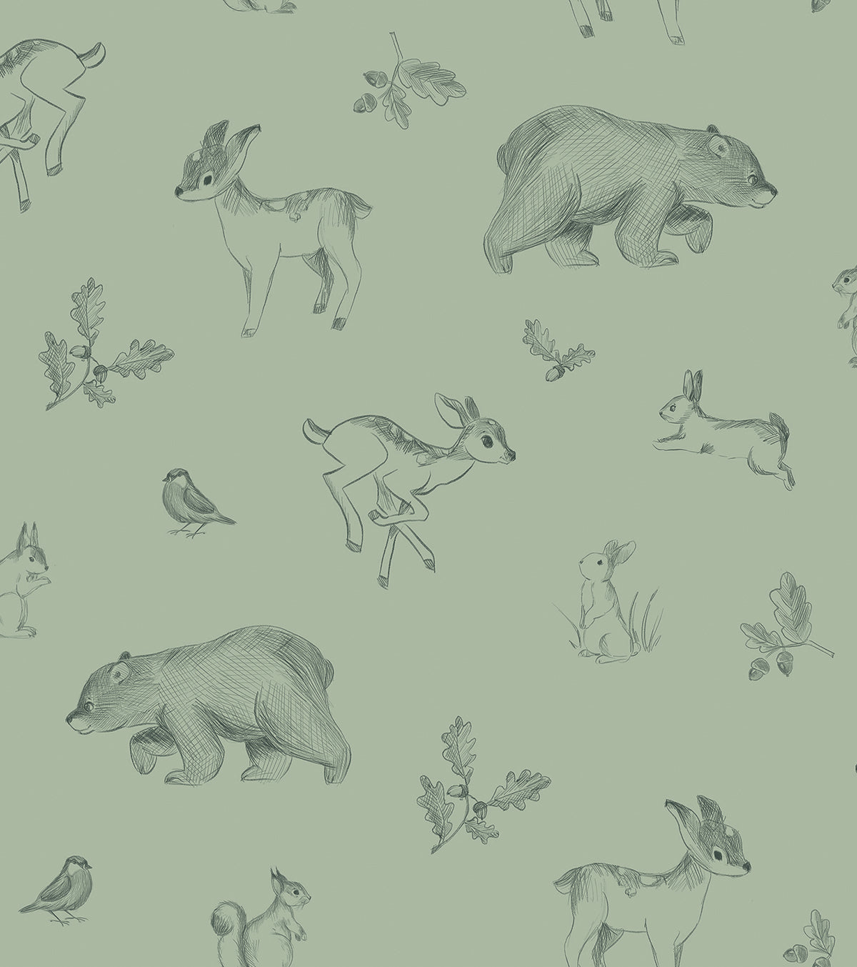 NATURAL - Échantillon papier peint animaux de la forêt vert
