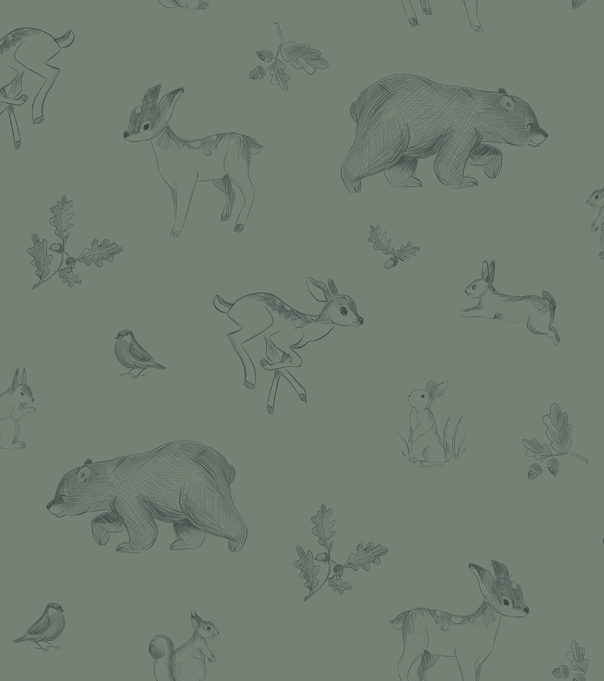 NATURAL - Échantillon papier peint animaux de la forêt vert foncé