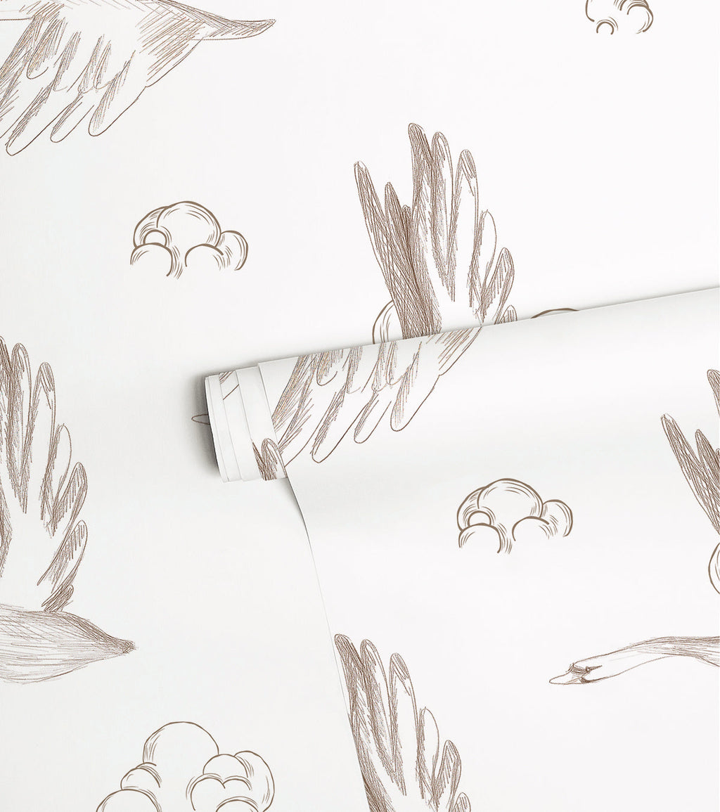 NATURAL - Échantillon papier peint oies et nuages sépia