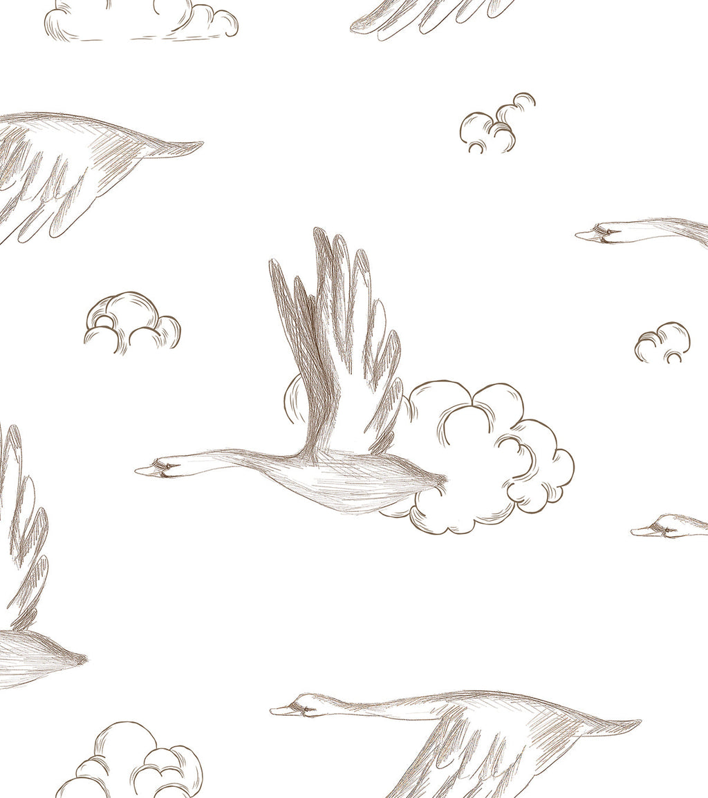 NATURAL - Échantillon papier peint oies et nuages sépia