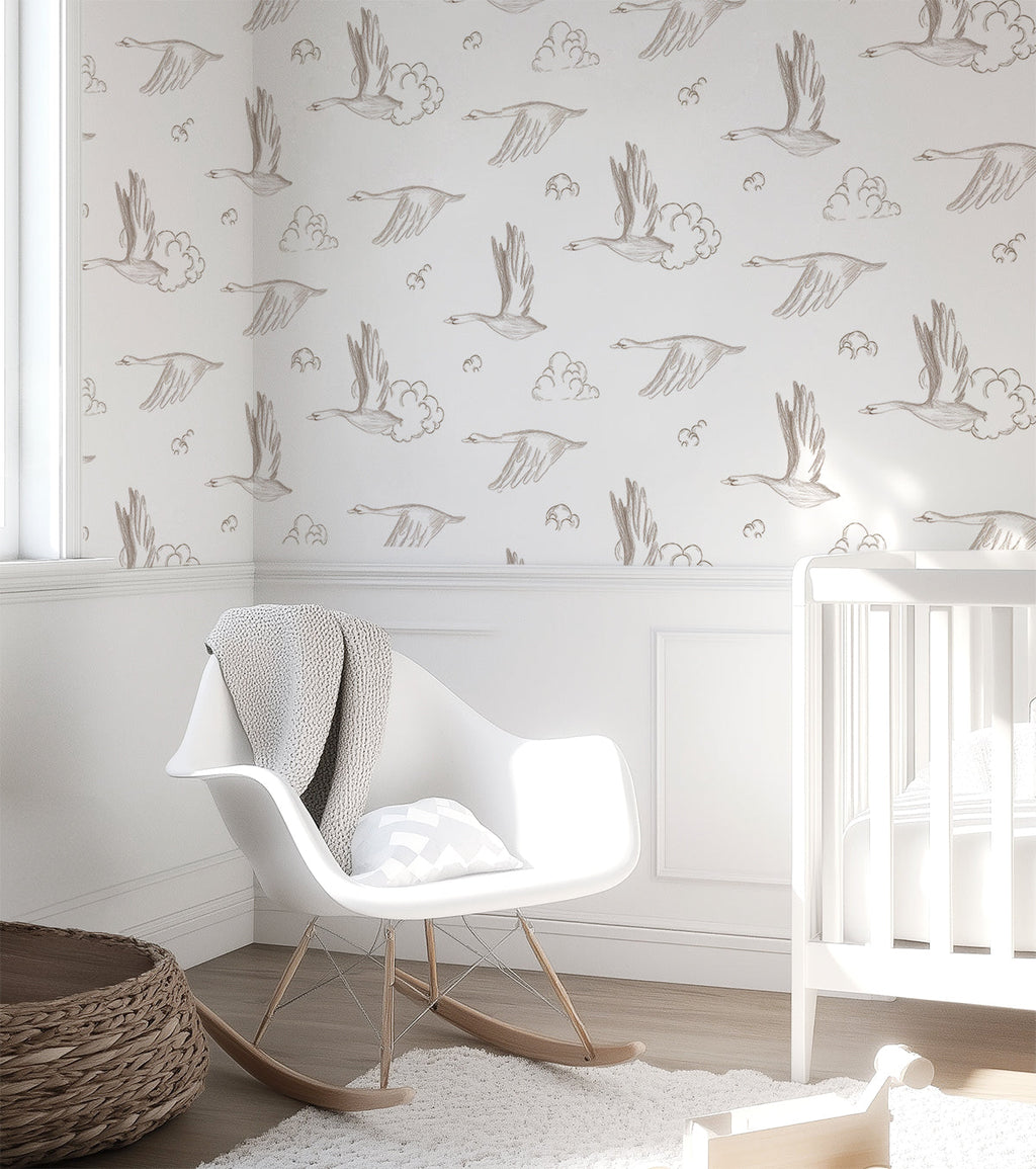 NATURAL - Échantillon papier peint oies et nuages sépia