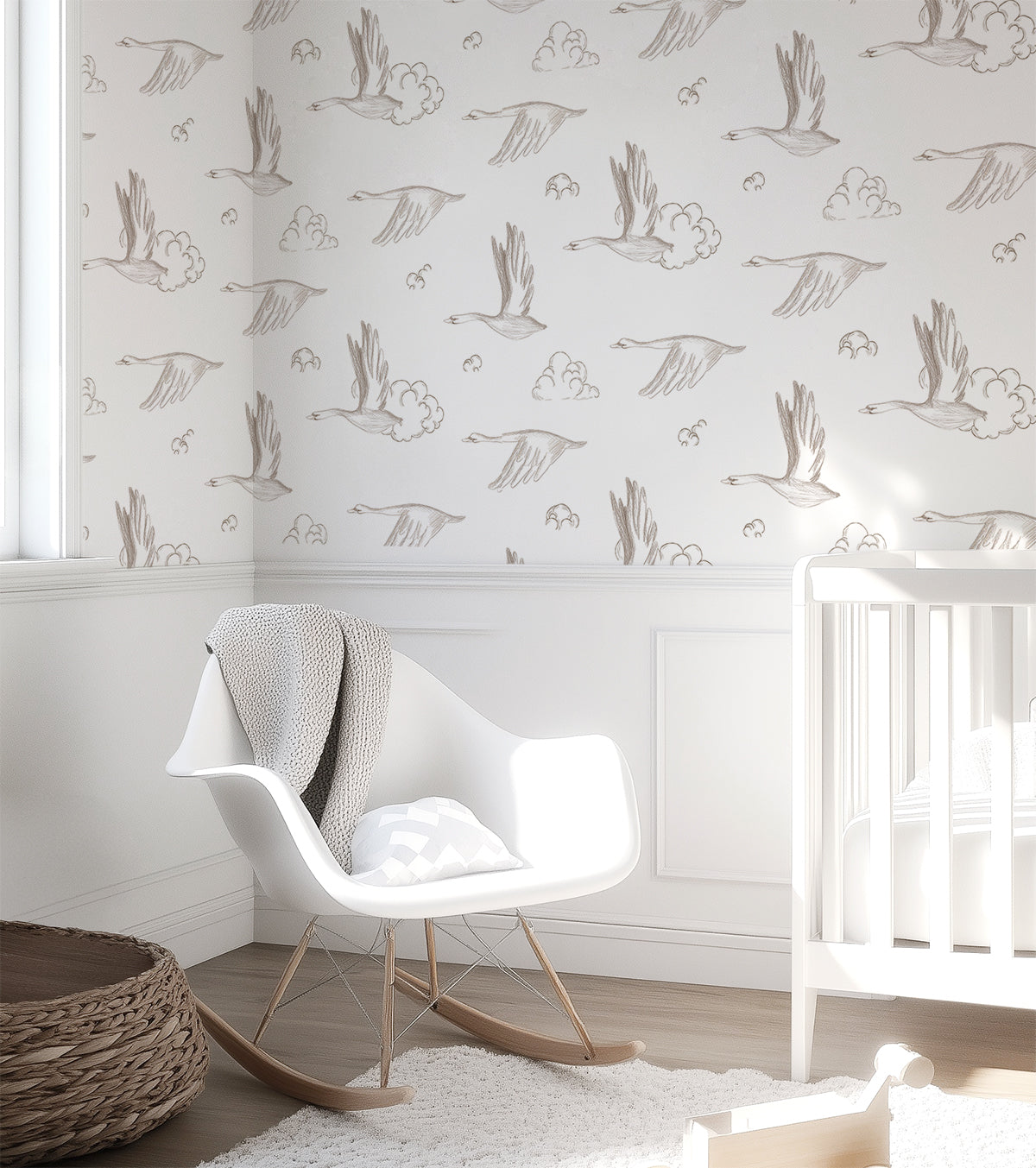 NATURAL - Échantillon papier peint oies et nuages sépia