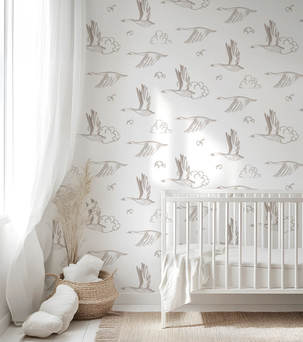 NATURAL - Échantillon papier peint oies et nuages sépia