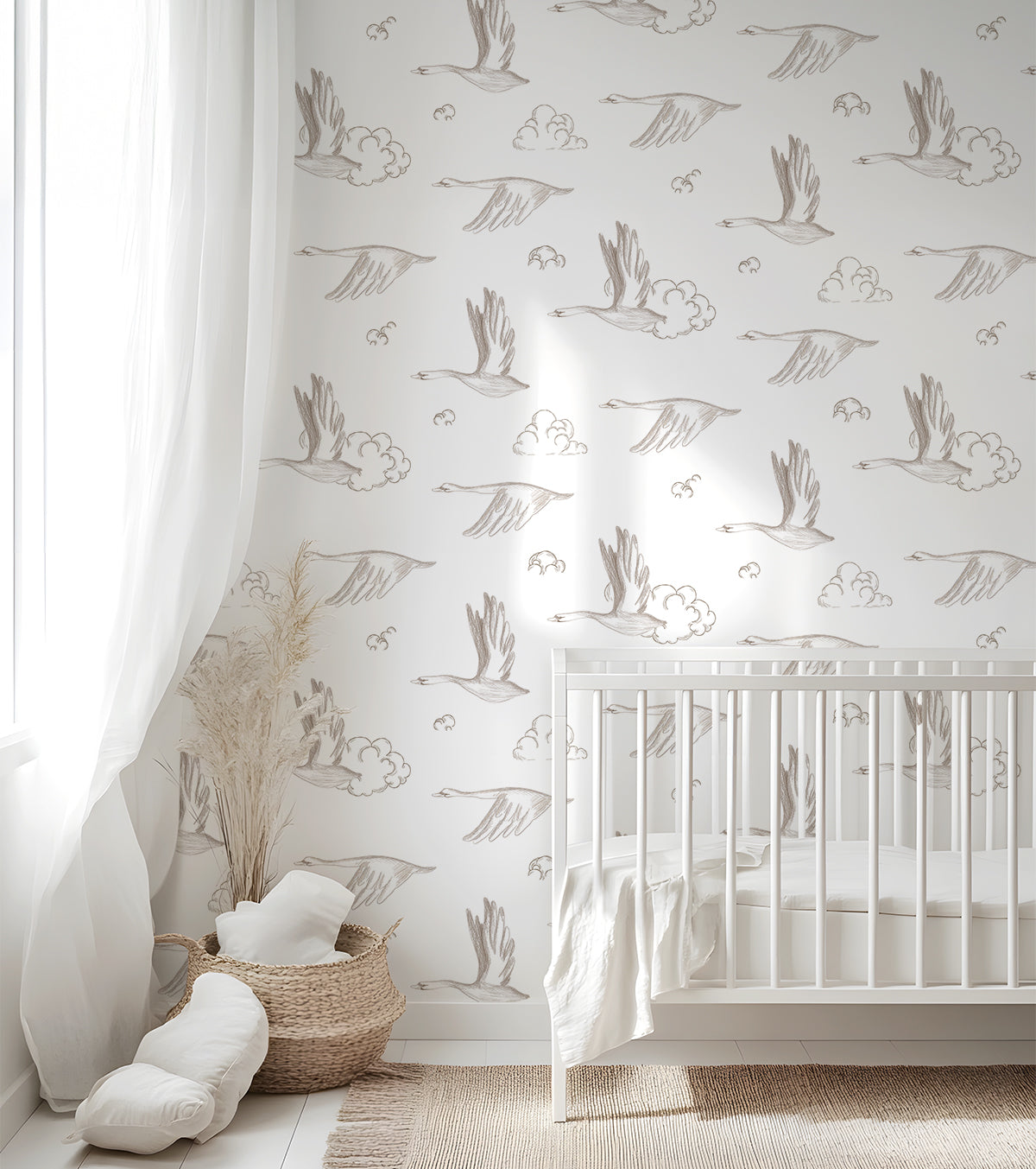 NATURAL - Échantillon papier peint oies et nuages sépia