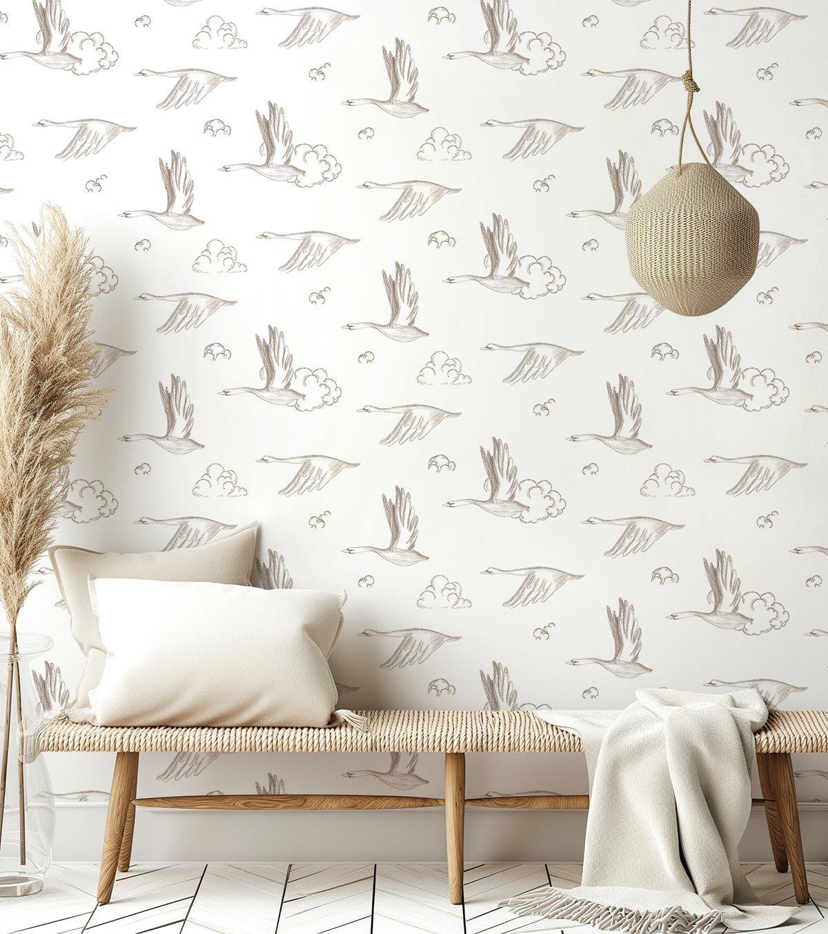 NATURAL - Échantillon papier peint oies et nuages sépia