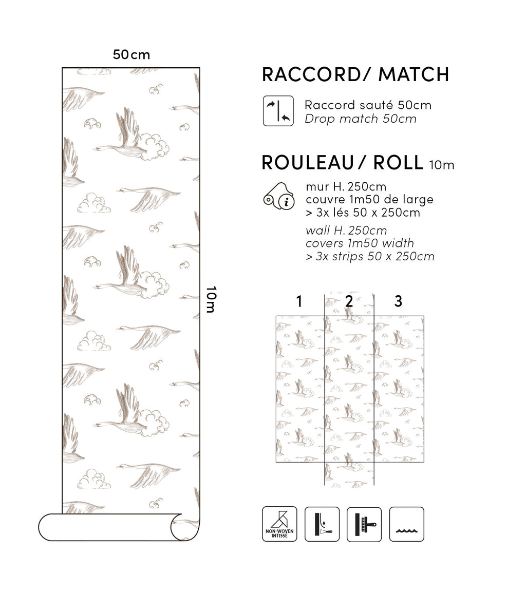 NATURAL - Échantillon papier peint oies et nuages sépia