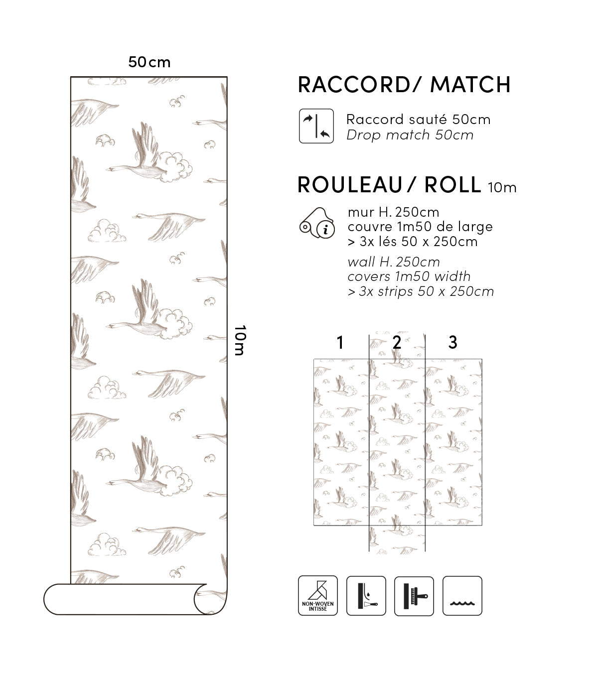 NATURAL - Échantillon papier peint oies et nuages sépia